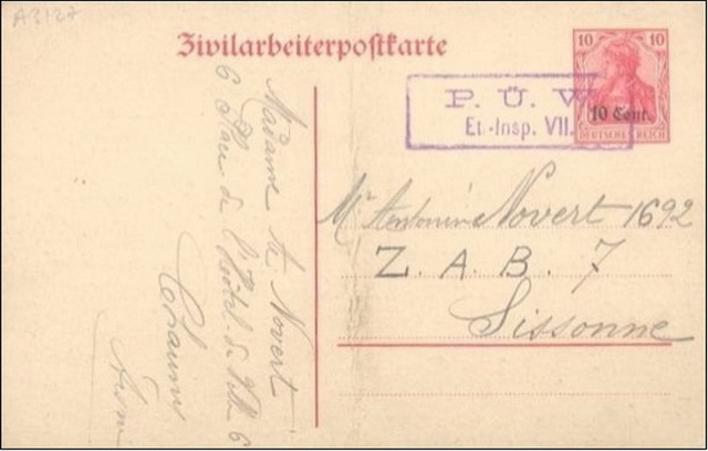 Carte postale allemande crite de Sissonne en 1916 par M. Antoine NOVERT, originaire de Chauny, prisonnier n 1692 au ZAB n 7 de Sissonne.